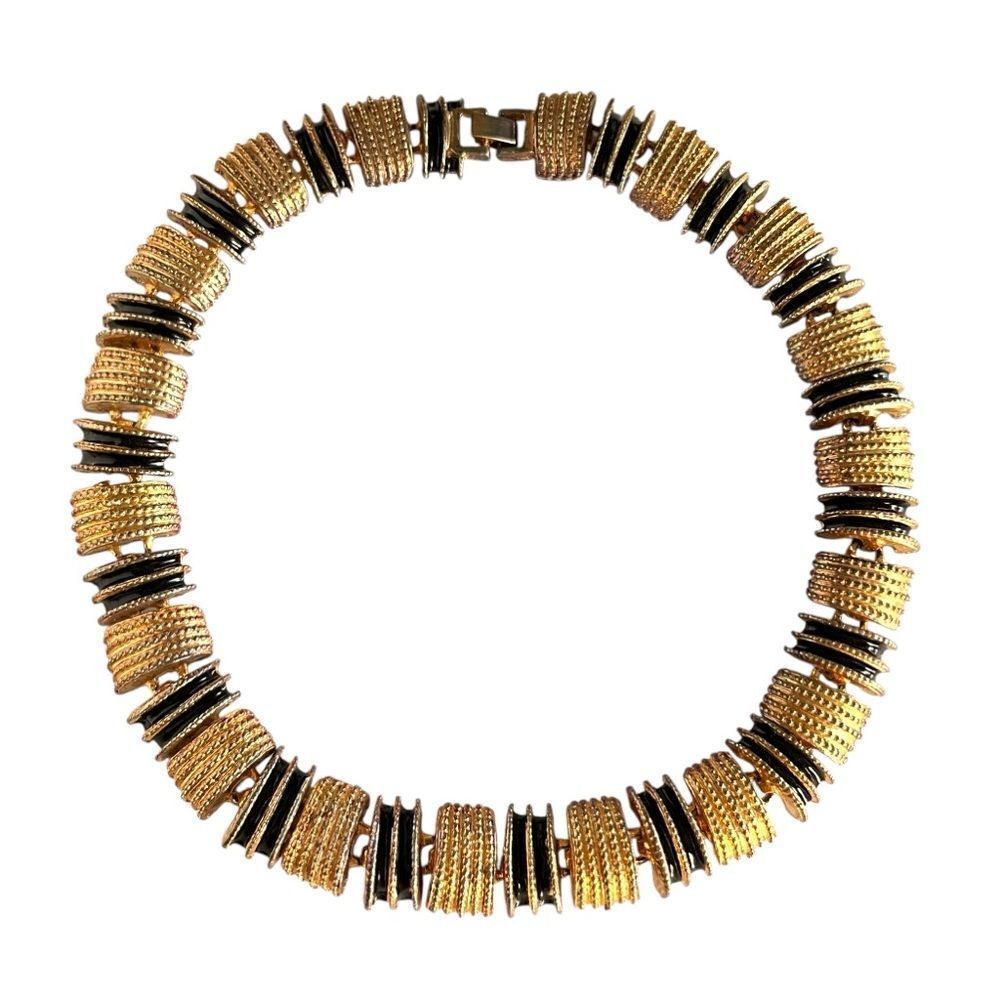 Vintage Gold Ribbed Metal Black Enamel Collar Statement Necklace